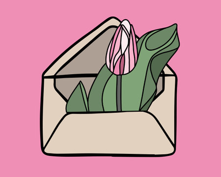 An envelope cradle a pink tulip with lush green leaves, creating a charming display of nature's beautyのイラスト素材