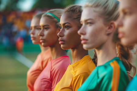 A diverse group of women stands composed, ready for their upcoming match on the fieldの素材