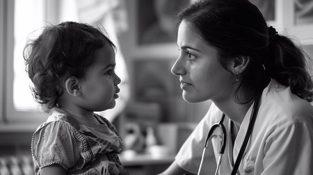 A mother engages with her child while visiting the pediatrician for a check upの素材