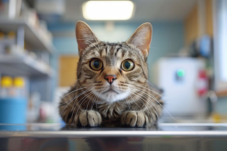 A striped cat sits calmly on a table in the veterinary clinic, awaiting its examination.の素材