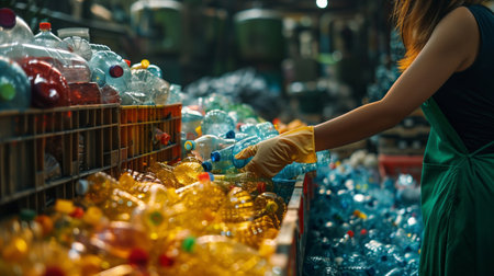 A person wearing gloves sorts through colorful plastic bottles in a recycling centerの素材