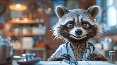 Raccoon doctor in a cozy clinic examining patients with careの素材