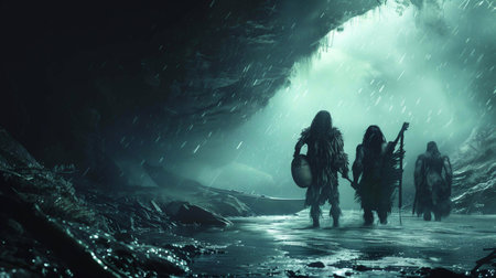 Cave dwellers journey through a dark, misty cavern in prehistoric timesの素材