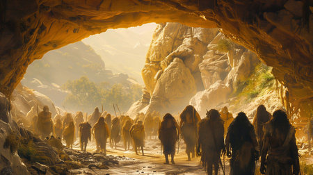 Cave people gather in a sunlit valley during prehistoric timesの素材