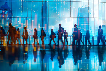 Financial technology professionals walking in an urban setting with digital displays at duskの素材