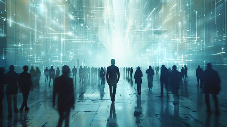 People gathered in a futuristic urban event with glowing lights in a digital landscapeの素材