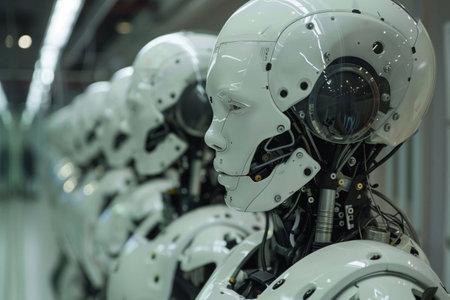 Human cloning displayed through advanced robotic figures in a futuristic lab environmentの素材