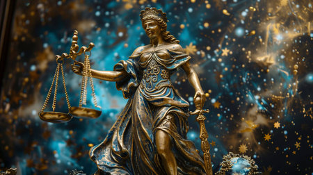 Libra zodiac symbol adorned by a statue of Justice reflecting cosmic backgroundの素材