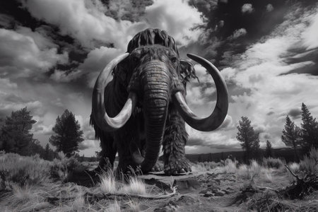Mammoth stands majestically in a dramatic landscape under a cloudy skyの素材