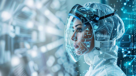 Innovative healthcare professional utilizing advanced technology in modern medical environmentの素材