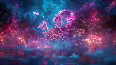 Neon inscription illuminating the map of Europe in a cosmic atmosphere at nightの素材