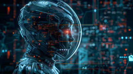 Exploring tech advancements via a futuristic humanoid interface in a digital spaceの素材