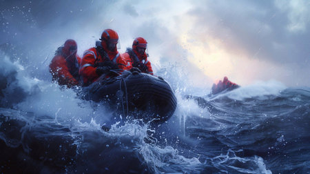 Rescuers navigate rough waters during a search and rescue operation at sunsetの素材