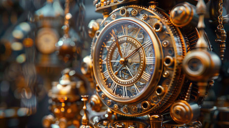 Intricate steampunk time machine design with gears and ornate detailsの素材