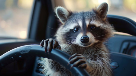 Raccoon showing surprising skills while driving a car in a playful adventureの素材