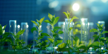 Plants thrive near laboratory equipment in a biotechnology research environment during sunsetの素材