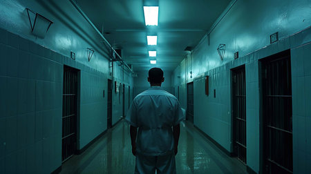 A lone figure stands in a dark jail corridor, facing barred cells and fluorescent lightsの素材