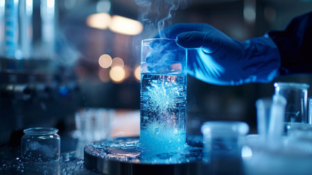 Lab researcher conducts a cryopreservation experiment with solutions and glasswareの素材