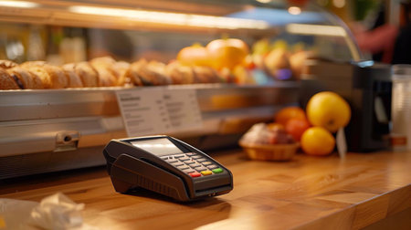 A contactless payment terminal rests on a wooden counter next to fresh pastries and fruitsの素材