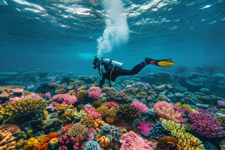 Diver explores a vibrant coral reef filled with diverse marine life and underwater treasuresの素材