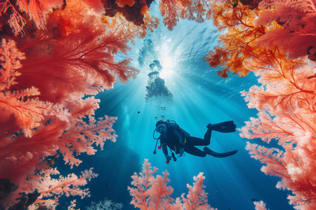 A diver glides through vibrant corals, sunlight filtering down, showcasing marine lifeの素材