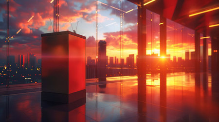 A podium awaits a speech as the sunset hues the city skyline in vibrant colorsの素材