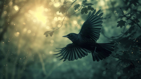 A lark soars gracefully in a forest, illuminated by soft morning light filtering through treesの素材