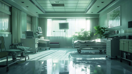 Bright hospital room with natural light, medical equipment, and calming plantsの素材