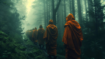 Monks dressed in orange are walking on a forest path shrouded in mist and tranquilityの素材
