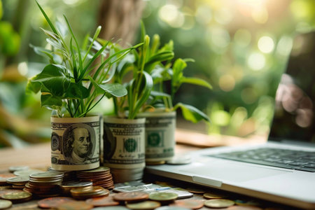 Green plants thrive in small pots of currency, symbolizing growth beside a laptopの素材