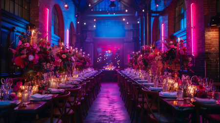 Colorful neon signs illuminate a beautifully decorated wedding reception in a charming venueの素材