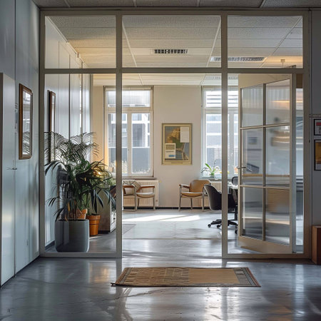 Stylish office with modern furniture and plants, boosting productivity and comfortの素材