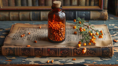 Herbal capsules and plants displayed on an old book, highlighting alternative healingの素材