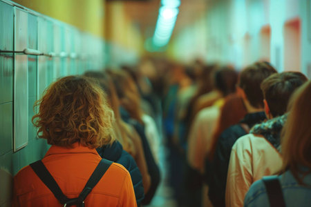 A crowd of individuals stands in line, filling a narrow corridor with anticipation and curiosityの素材