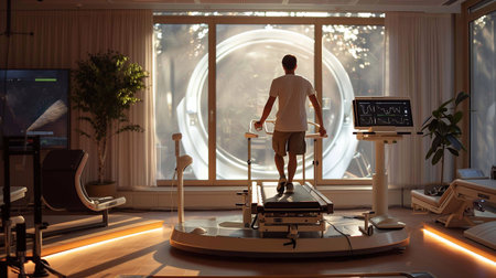 Individual engages with rehabilitation technology while observing through large windowの素材