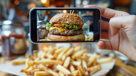 A person takes a close-up photo of a burger and fries in a casual dining settingの素材