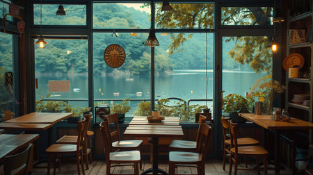 Enjoying a peaceful coffee break while admiring the tranquil lake surrounded by natureの素材