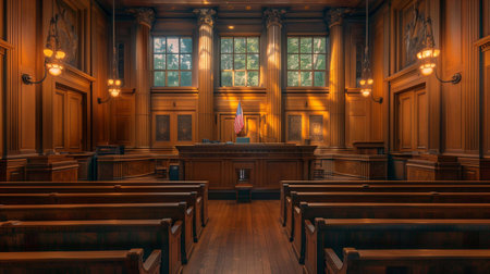 A formal courtroom with wooden benches and bright natural light streaming through the windowsの素材