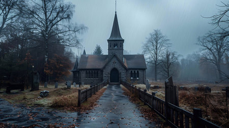 A Protestant church stands in a foggy atmosphere surrounded by a graveyard and bare treesの素材