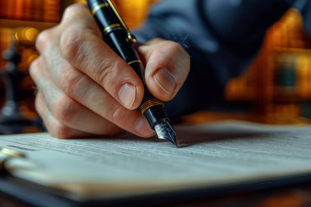 A private notary is carefully signing a legal document with a fountain pen in a busy officeの素材