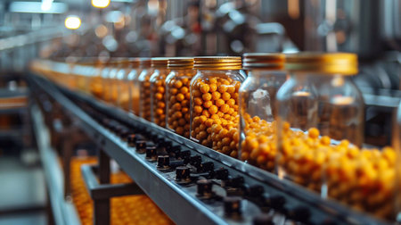 Bottles of golden snacks move along a busy food processing production lineの素材