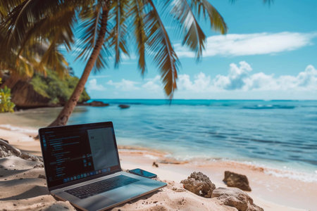 A laptop sits on the sandy beach while waves gently lap against the shore beneath a clear skyの素材