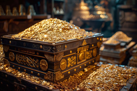 An ornate treasure chest brimming with shiny gold coins sits in a dimly lit, ancient treasure roomの素材