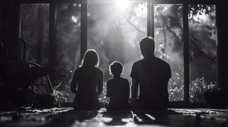 Three family members share a peaceful moment together, enjoying the soft light and tranquilityの素材