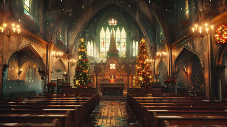 Church decorated for Christmas with trees and glowing candles, creating a festive vibeの素材