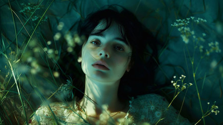 A person lies among wildflowers, immersed in serene surroundings, embodying peaceful contemplationの素材