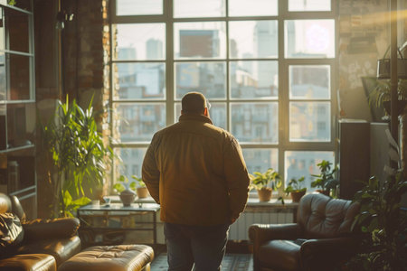 A plus-sized man stands in a stylish room, gazing out at the urban skyline bathed in golden lightの素材