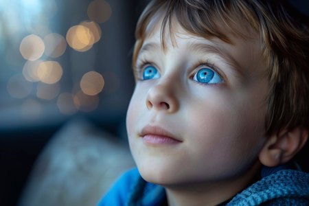 A child with autism sits quietly indoors, gazing with wonder at distant lights in the eveningの素材