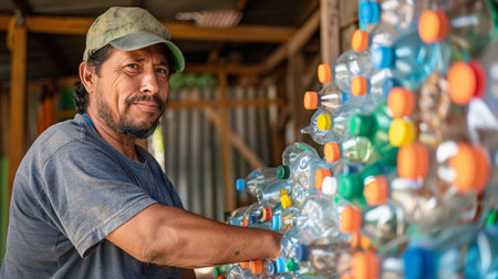 A sort of volunteer plastic bottles at a recycling center, aiding sustainability effortsの素材