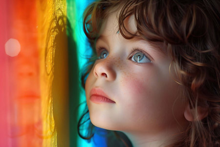 Child explores vibrant colors on the wall, reflecting curiosity in a bright spaceの素材